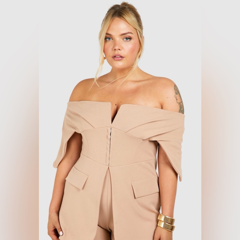 Plus Scuba Crepe Corset Hook & Eye Detail Off The Shoulder Blazer Romper